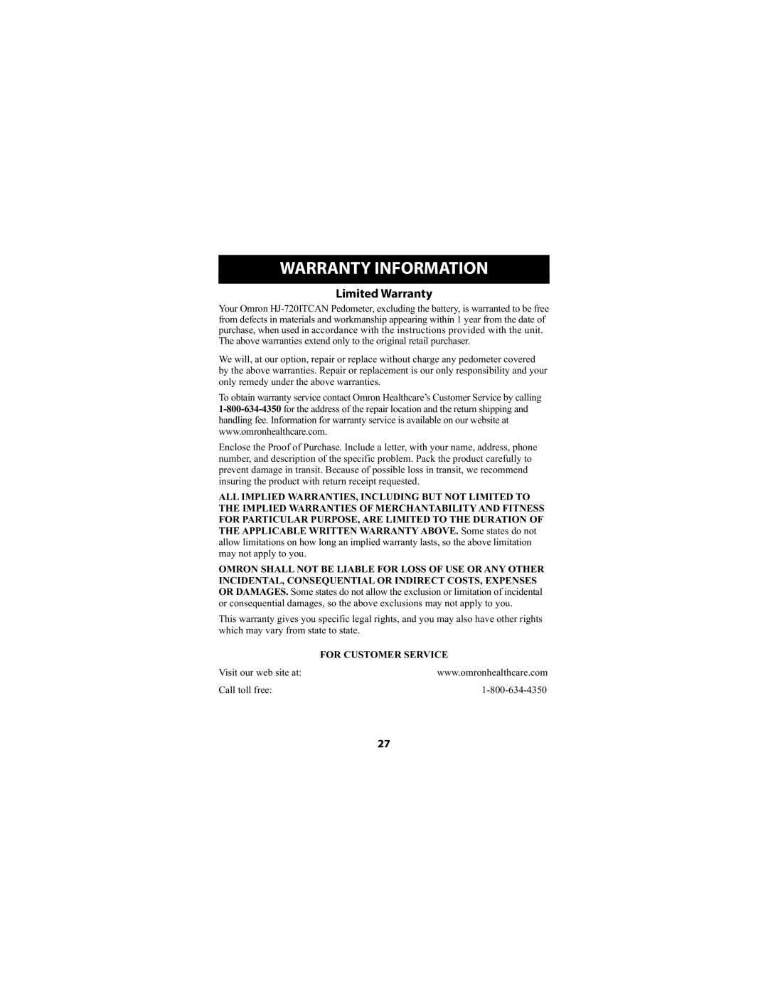 Omron Healthcare HJ-720ITCAN instruction manual Warranty Information, Limited Warranty 