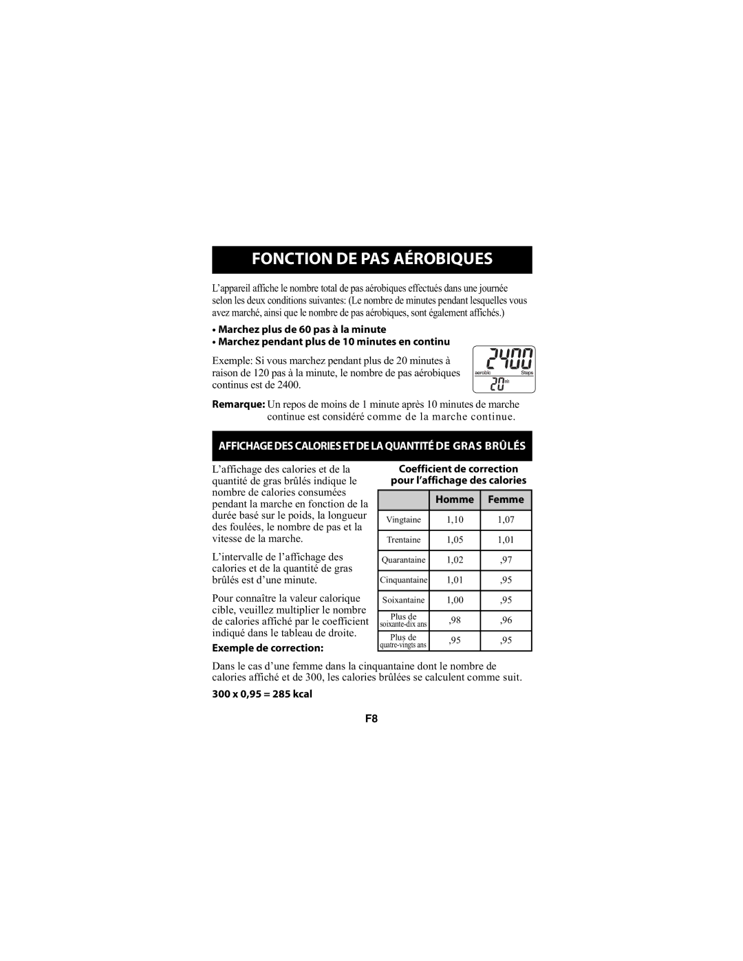 Omron Healthcare HJ-720ITCAN instruction manual Bbb Fonction DE PAS Aérobiques, 300 x 0,95 = 285 kcal 