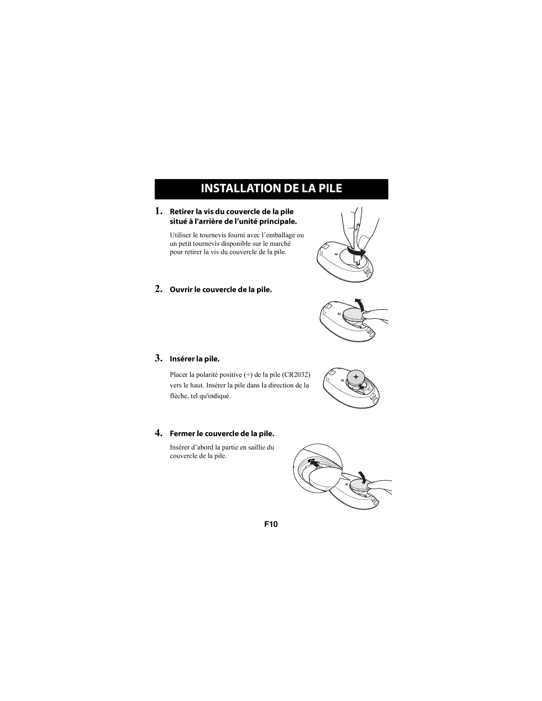 Omron Healthcare HJ-720ITCAN instruction manual Installation DE LA Pile, Ouvrir le couvercle de la pile Insérer la pile 