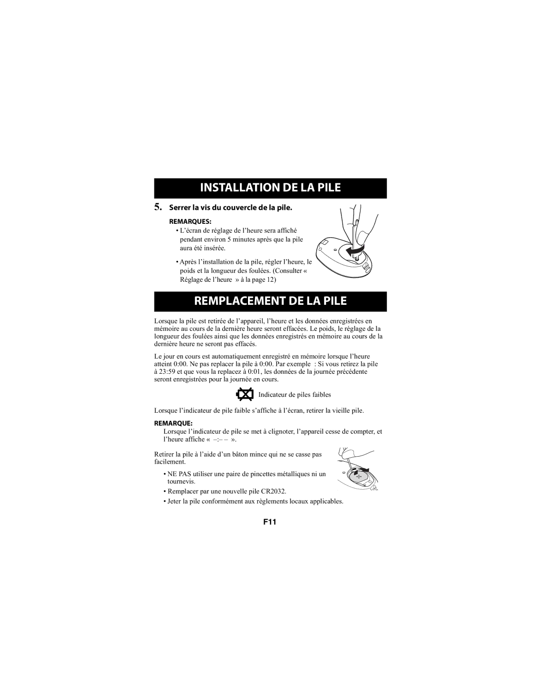 Omron Healthcare HJ-720ITCAN instruction manual Remplacement DE LA Pile, Serrer la vis du couvercle de la pile 