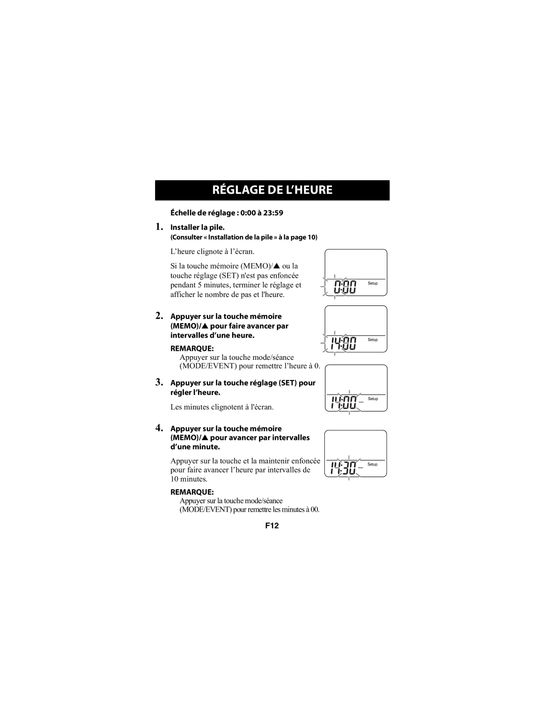 Omron Healthcare HJ-720ITCAN instruction manual Réglage DE L’HEURE, Échelle de réglage 000 à Installer la pile 