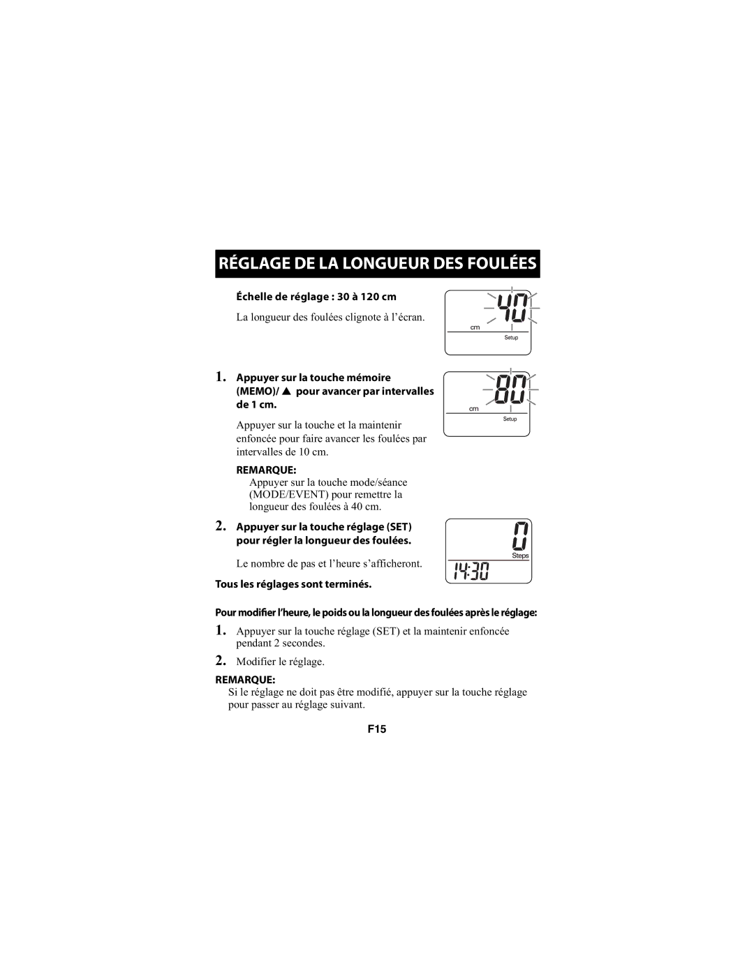 Omron Healthcare HJ-720ITCAN instruction manual Échelle de réglage 30 à 120 cm, Tous les réglages sont terminés 