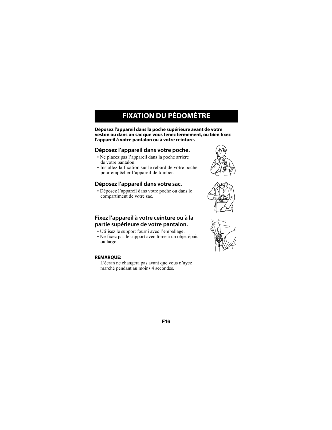 Omron Healthcare HJ-720ITCAN instruction manual Fixation DU Pédomètre, Déposez l’appareil dans votre poche 