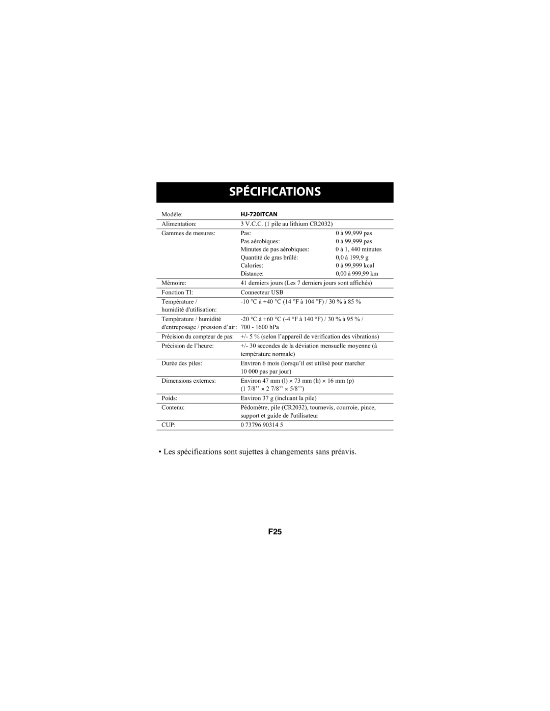 Omron Healthcare HJ-720ITCAN instruction manual Spécifications 