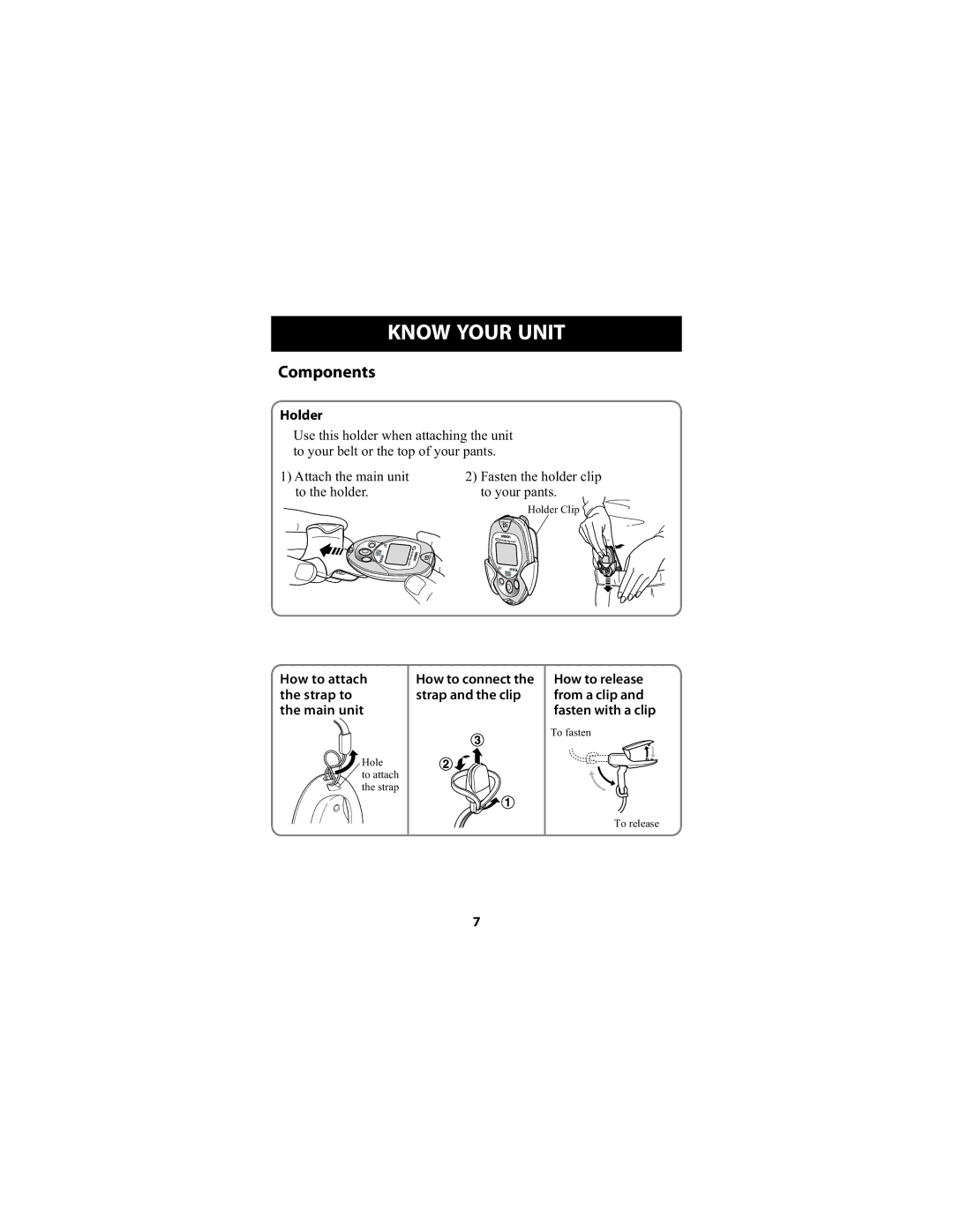 Omron Healthcare HJ-720ITCAN instruction manual Components, How to attach the strap to the main unit 