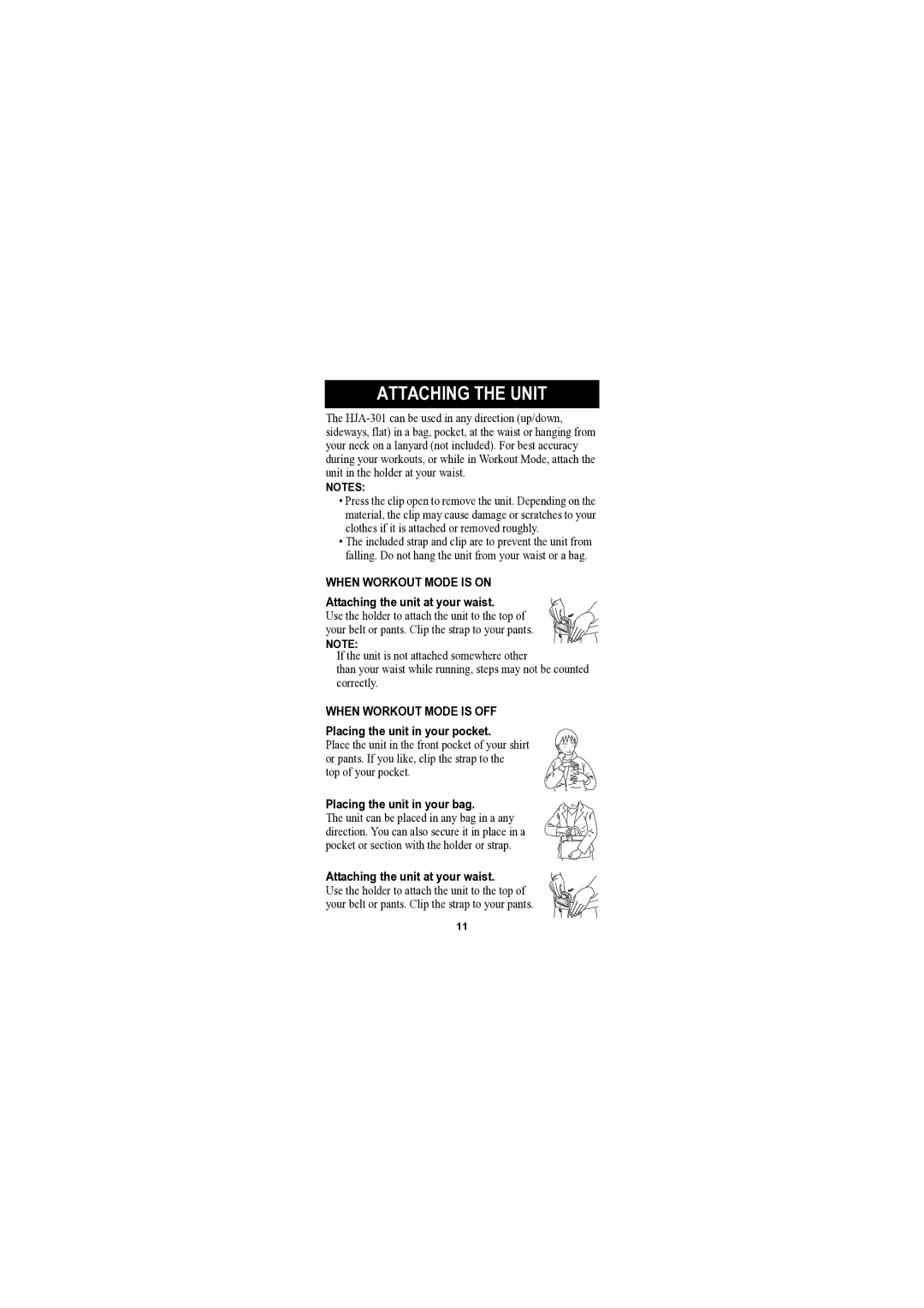 Omron Healthcare HJA-301 instruction manual Attaching the Unit, When Workout Mode is on, When Workout Mode is OFF 