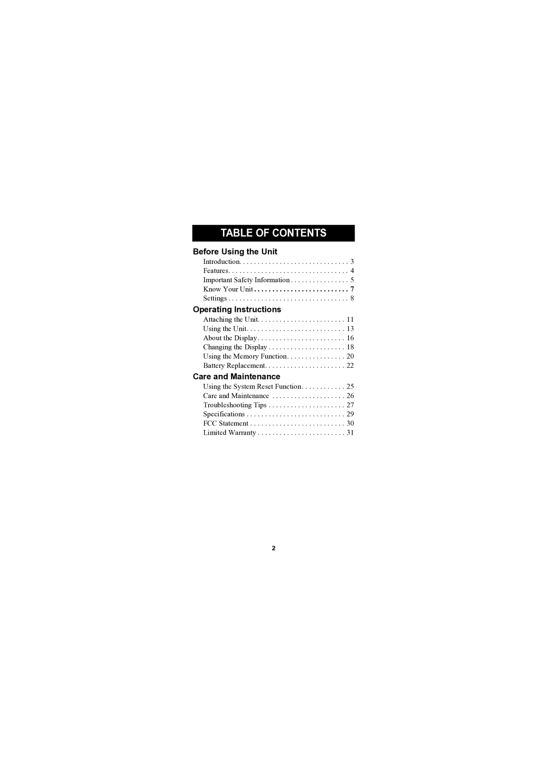 Omron Healthcare HJA-301 instruction manual Table of Contents 