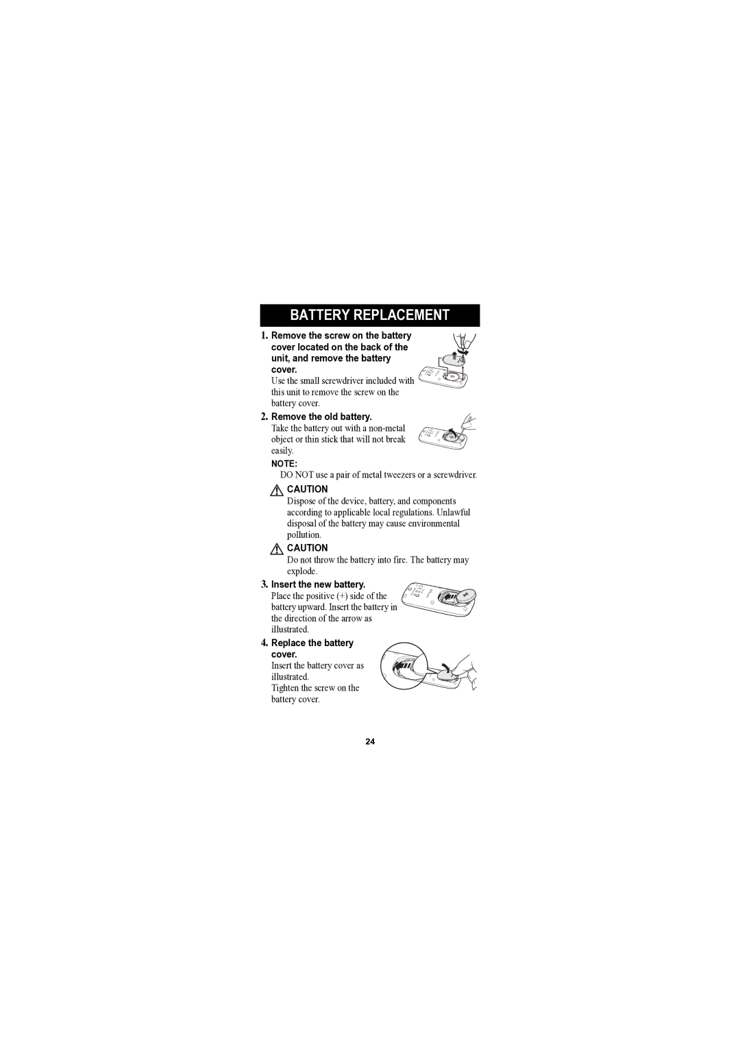 Omron Healthcare HJA-301 Remove the old battery, Do not throw the battery into fire. The battery may explode 