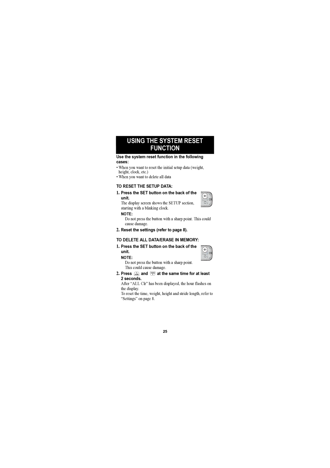 Omron Healthcare HJA-301 Using the System Reset Function, To Reset the Setup Data, To Delete ALL DATA/ERASE in Memory 