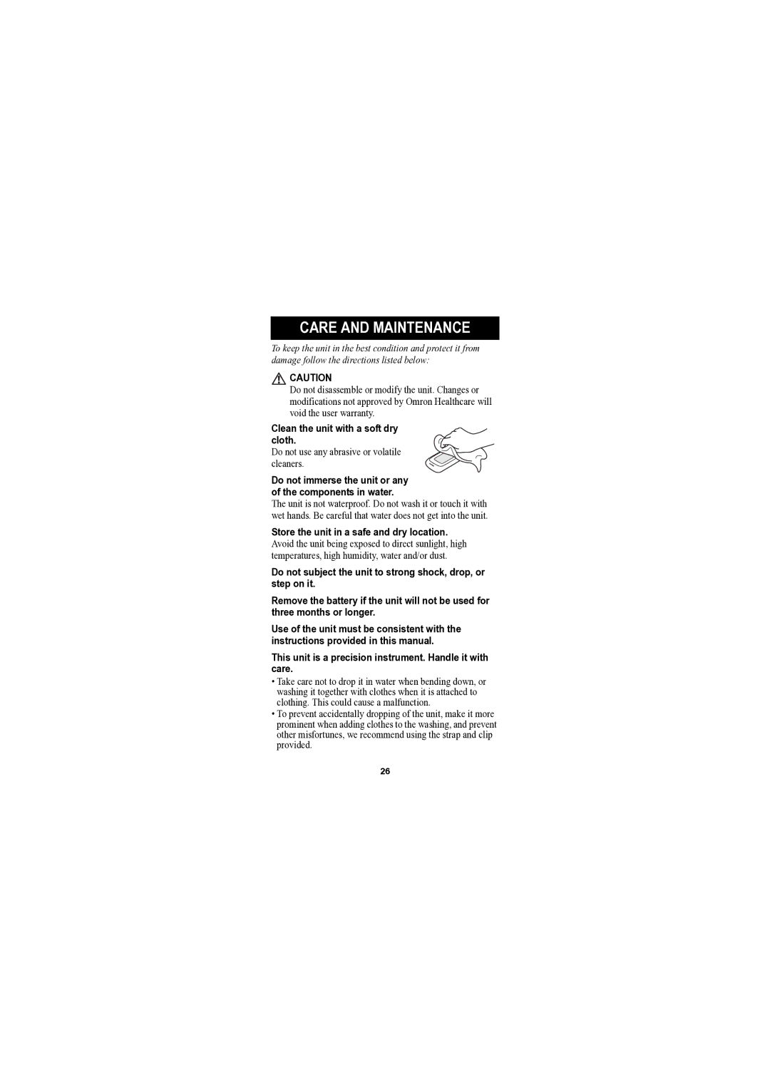 Omron Healthcare HJA-301 instruction manual Care and Maintenance, Clean the unit with a soft dry cloth 