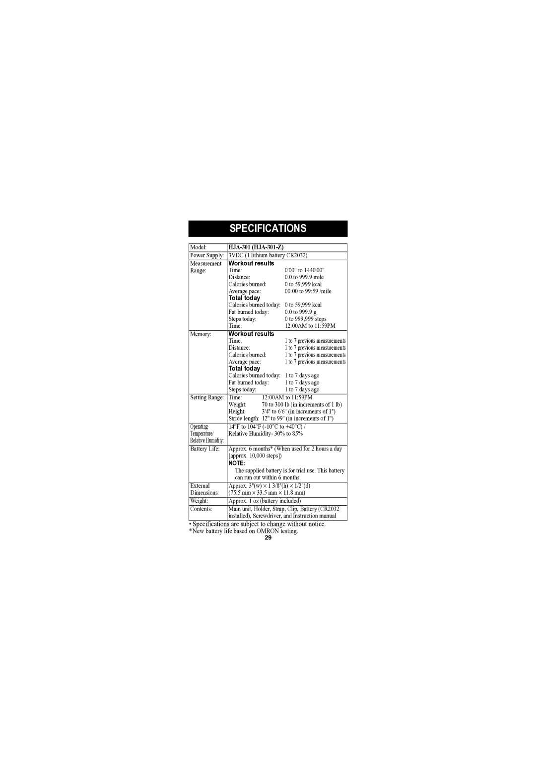 Omron Healthcare HJA-301 instruction manual Specifications 