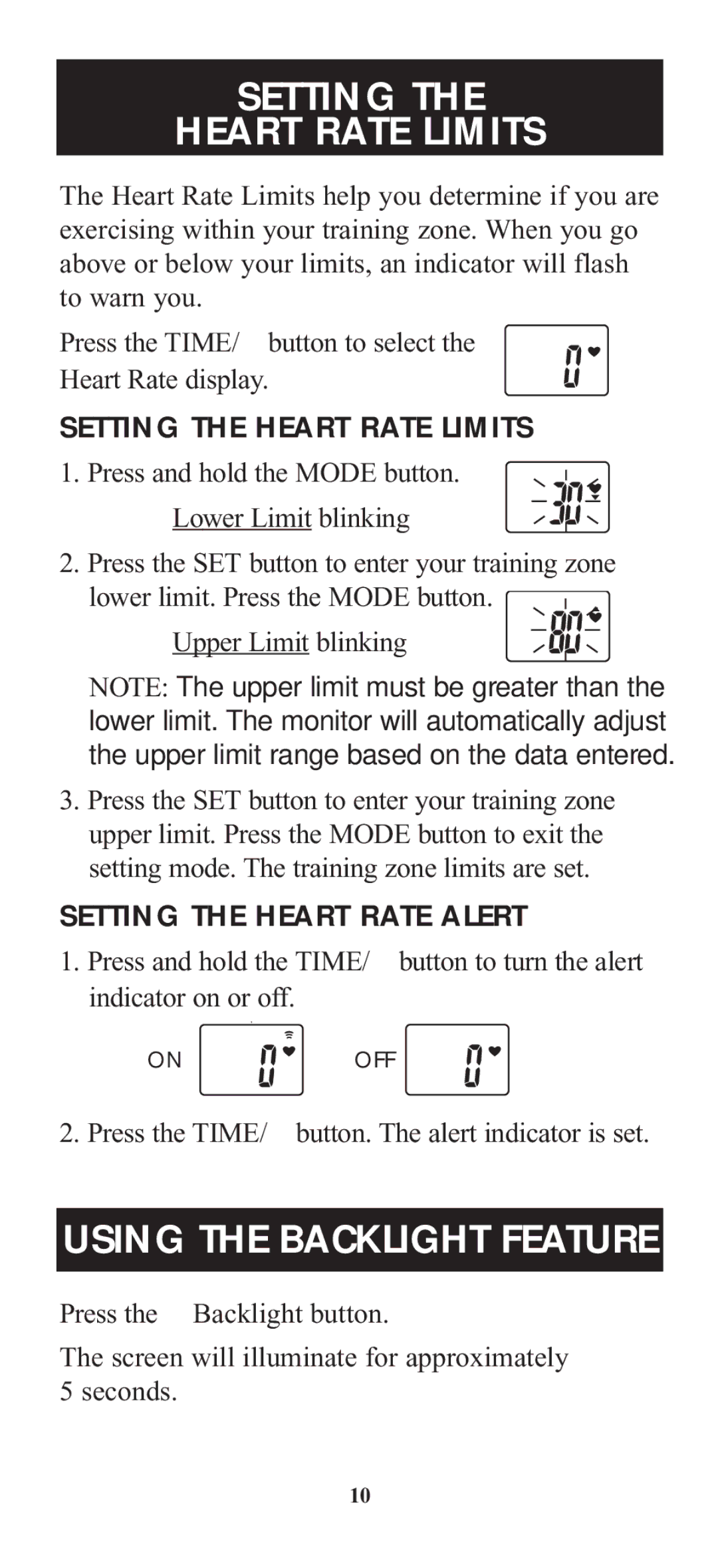 Omron Healthcare HR-100C Setting Heart Rate Limits, Using the Backlight Feature, Setting the Heart Rate Limits 