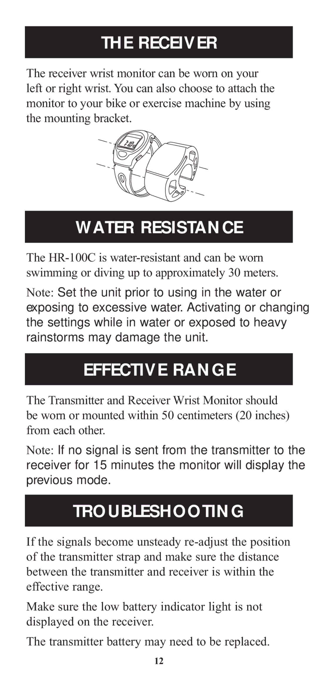 Omron Healthcare HR-100C instruction manual Receiver, Water Resistance, Effective Range, Troubleshooting 