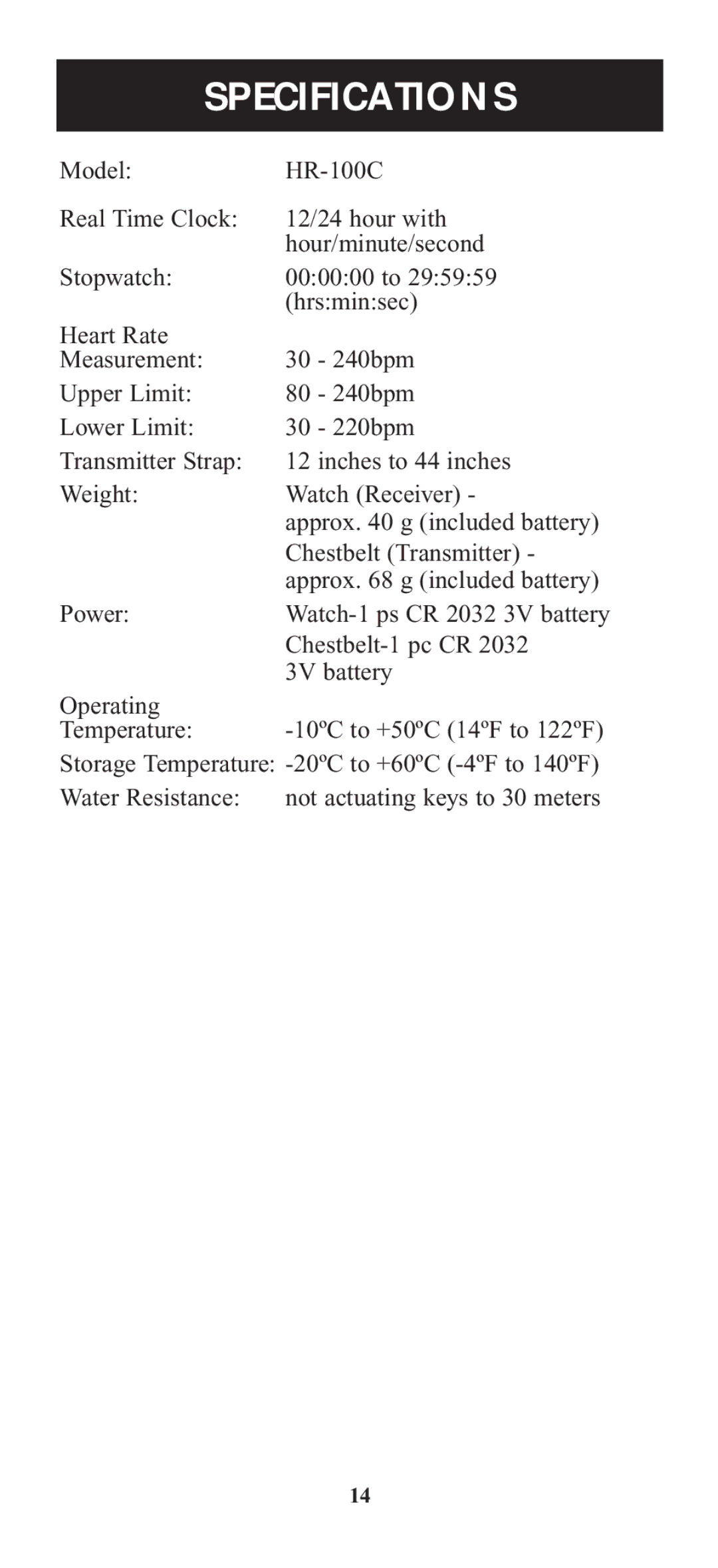 Omron Healthcare HR-100C instruction manual Specifications 