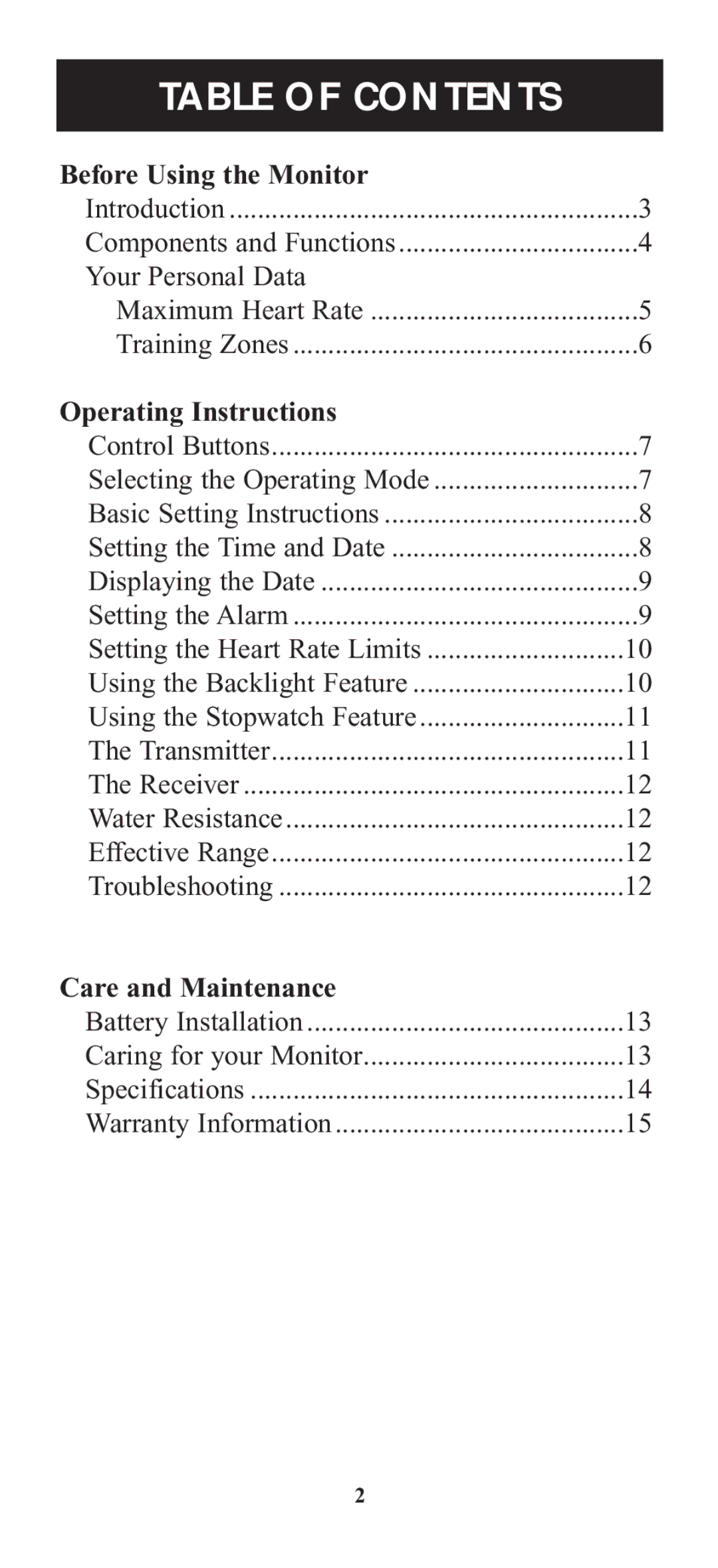 Omron Healthcare HR-100C instruction manual Table of Contents 