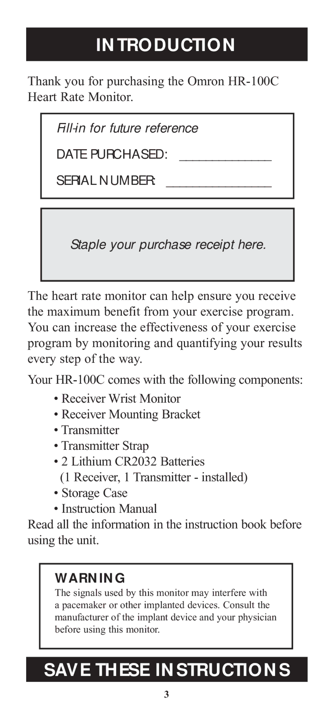 Omron Healthcare HR-100C instruction manual Introduction, Staple your purchase receipt here 