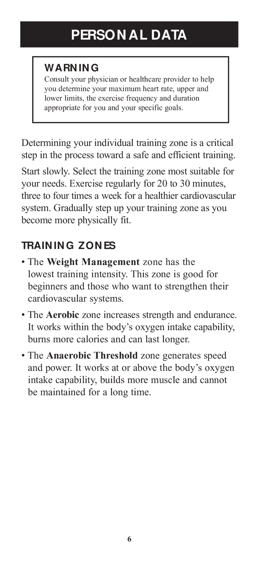 Omron Healthcare HR-100C instruction manual Personal Data, Training Zones 