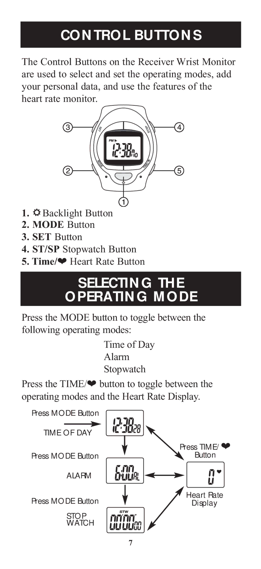 Omron Healthcare HR-100C instruction manual Control Buttons, Selecting Operating Mode, USE in the Water 