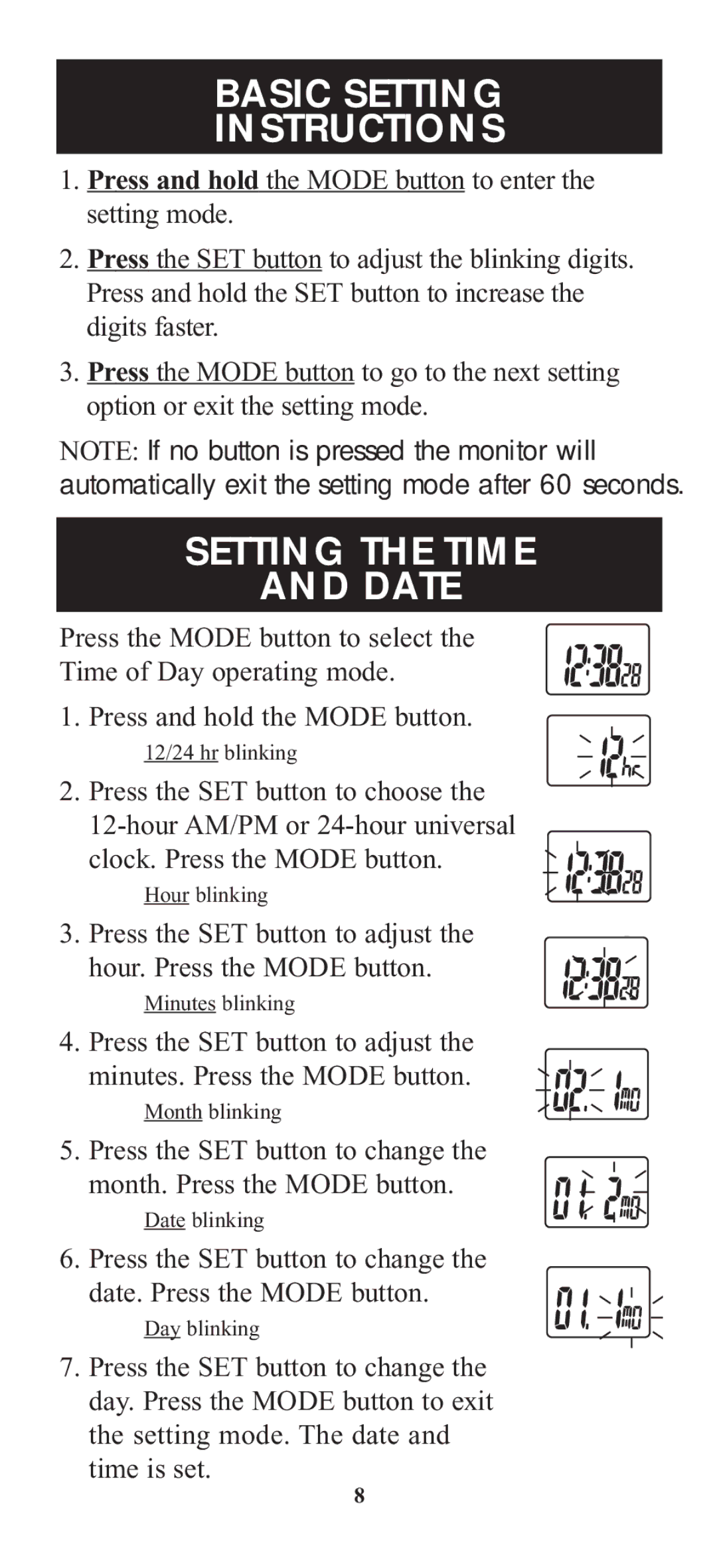 Omron Healthcare HR-100C instruction manual Basic Setting Instructions, Setting the Time Date 