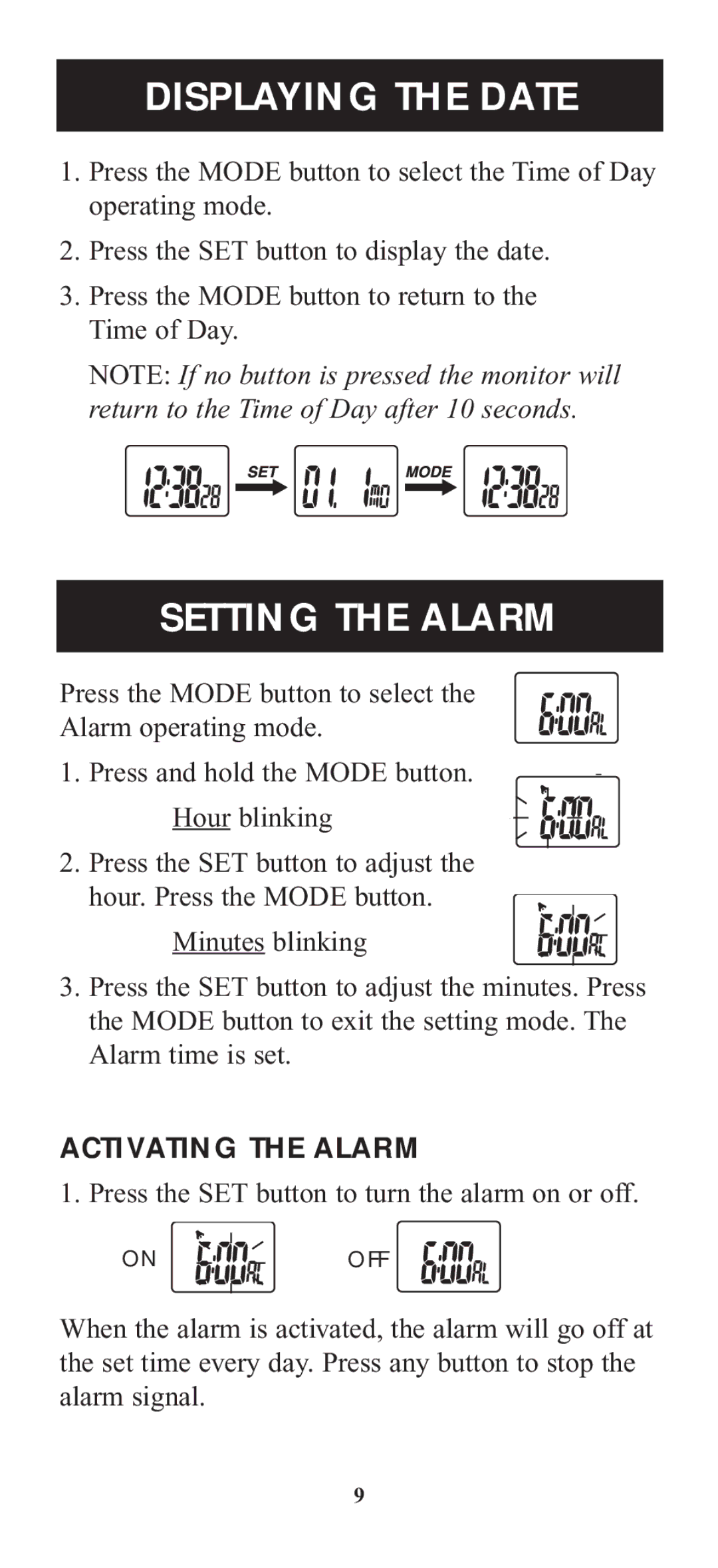 Omron Healthcare HR-100C instruction manual Displaying the Date, Setting the Alarm, Activating the Alarm 