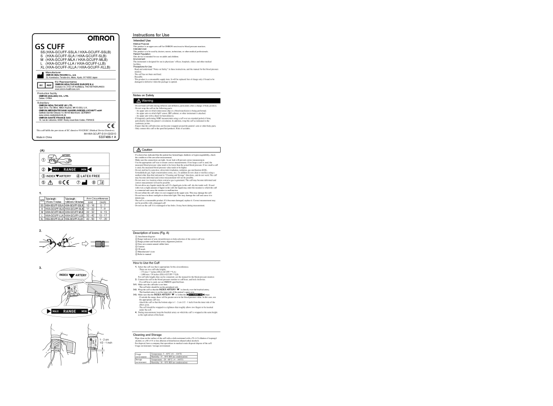 Omron Healthcare HXA-GCUFF-SSLA manual 5337486-1 a, Intended Use, Description of icons Fig. a, How to Use the Cuff 