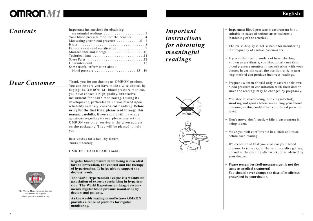 Omron Healthcare M1 instruction manual Contents Dear Customer, Important instructions for obtaining meaningful readings 