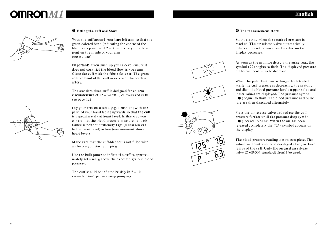 Omron Healthcare M1 instruction manual ➌ Fitting the cuff and Start, ➍ The measurement starts 