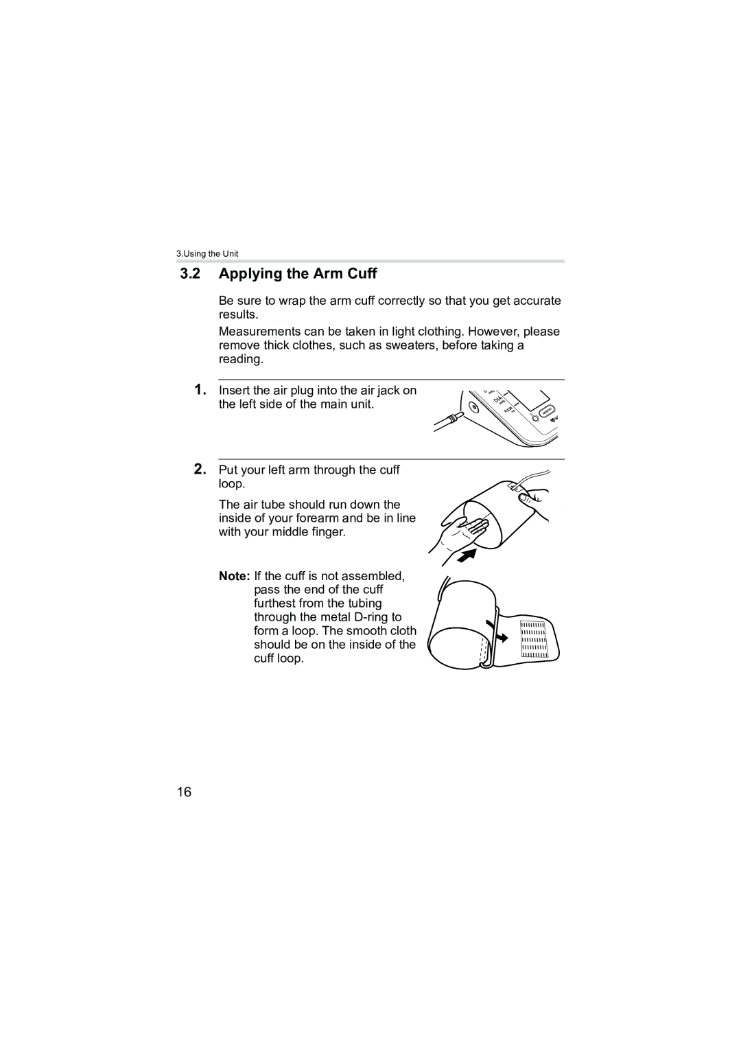 Omron Healthcare M3 instruction manual Applying the Arm Cuff 