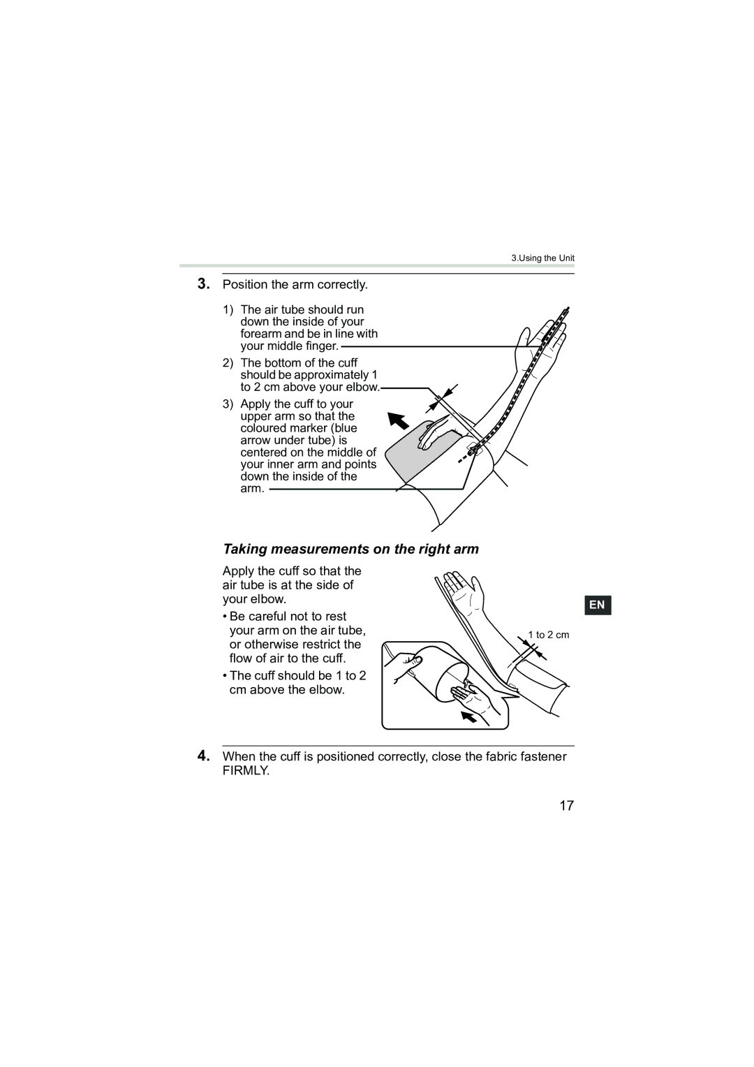 Omron Healthcare M3 instruction manual Taking measurements on the right arm 