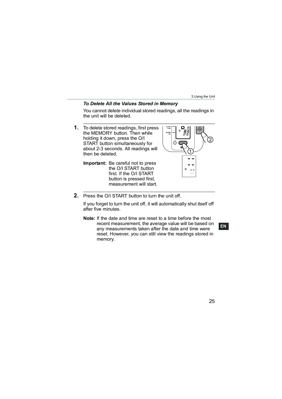 Omron Healthcare M3 instruction manual To Delete All the Values Stored in Memory 