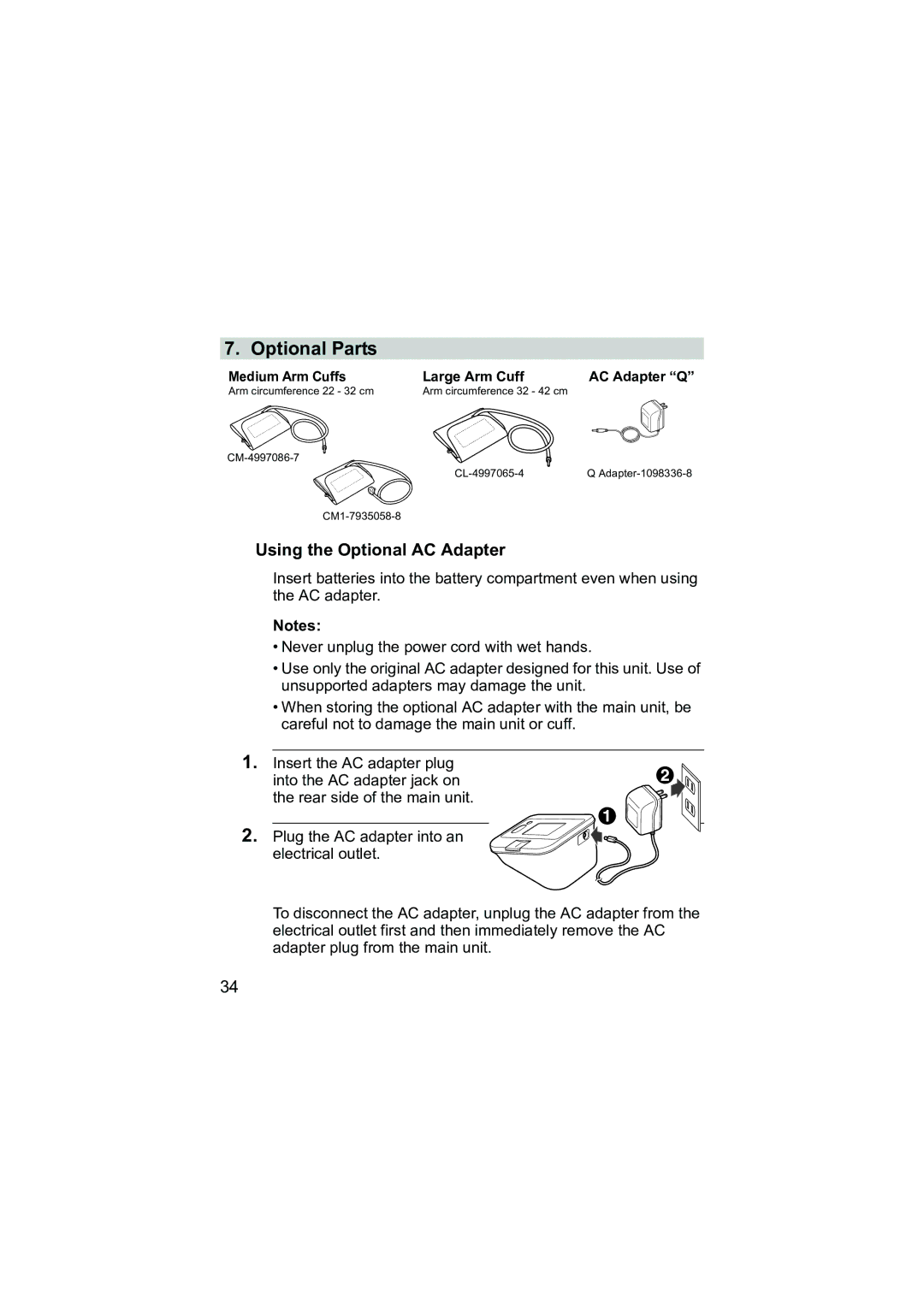 Omron Healthcare M3 instruction manual Optional Parts, Using the Optional AC Adapter 