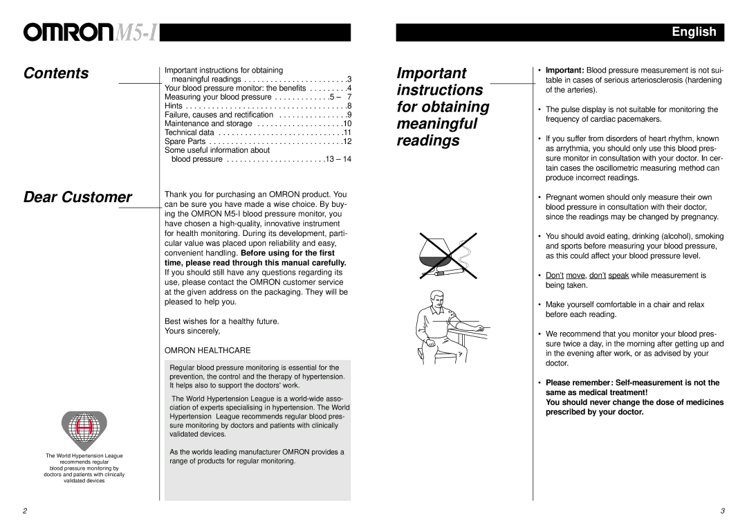 Omron Healthcare M5-I instruction manual Contents Dear Customer, Important instructions for obtaining meaningful readings 