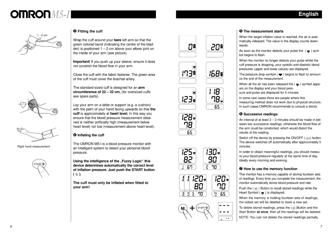 Omron Healthcare M5-I ➌ Fitting the cuff, ➍ Inflating the cuff, ➎ The measurement starts, ➏ Successive readings 