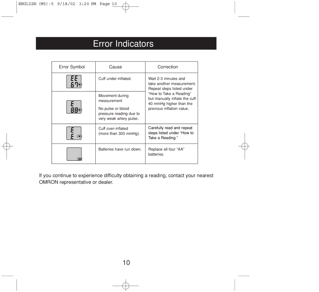 Omron Healthcare M5 instruction manual Error Indicators, Error Symbol Cause Correction 