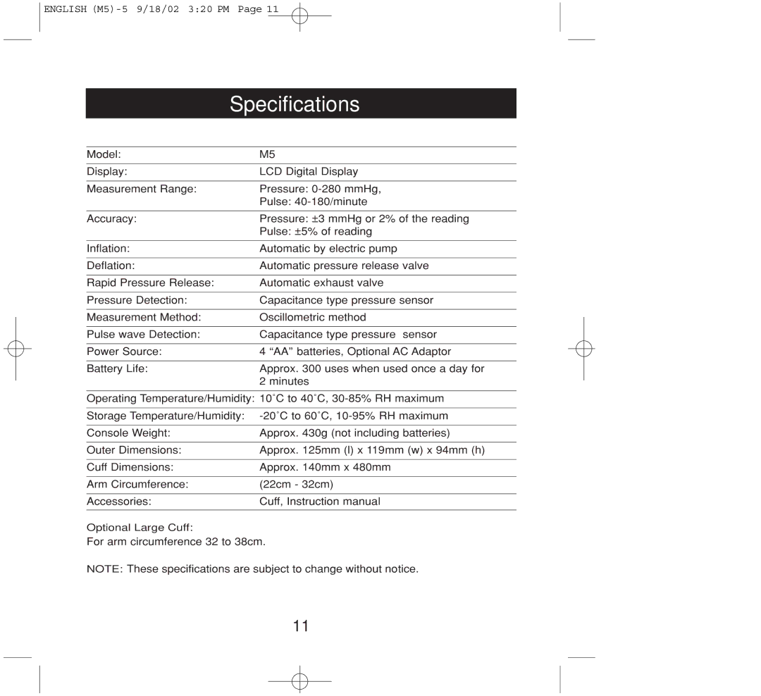 Omron Healthcare M5 instruction manual Specifications 