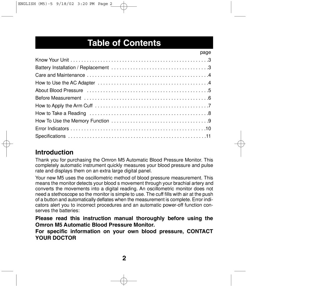 Omron Healthcare M5 instruction manual Table of Contents 