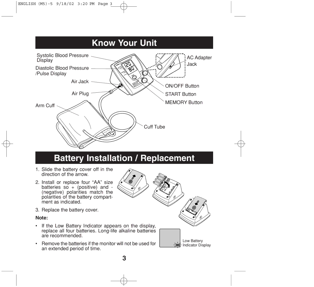 Omron Healthcare M5 instruction manual Know Your Unit, Battery Installation / Replacement 