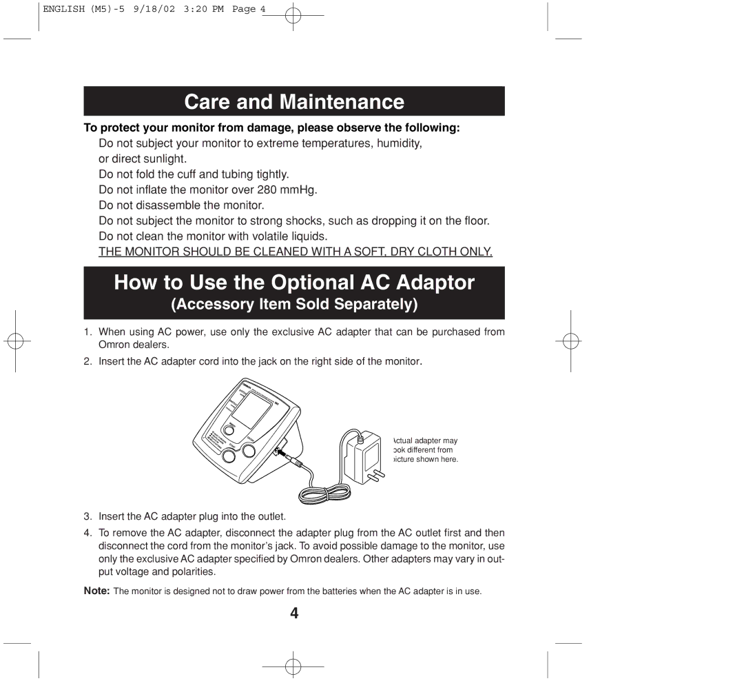 Omron Healthcare M5 instruction manual Care and Maintenance, How to Use the Optional AC Adaptor 