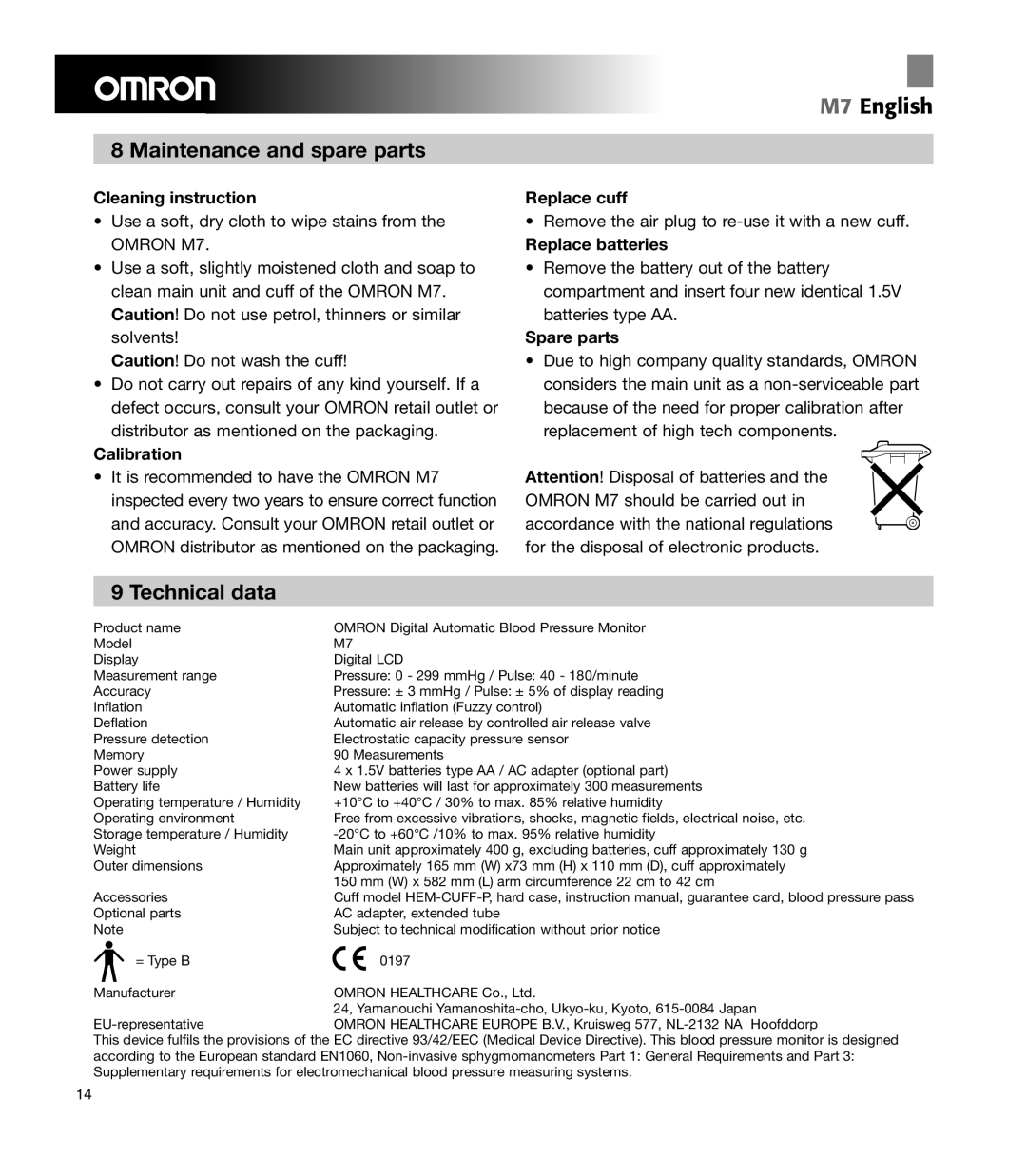 Omron Healthcare M7 manual Maintenance and spare parts, Technical data 