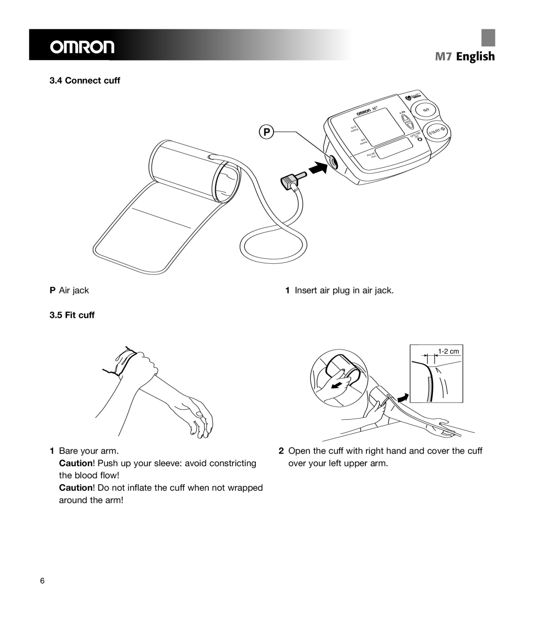 Omron Healthcare M7 manual Connect cuff, Air jack Insert air plug in air jack Fit cuff 