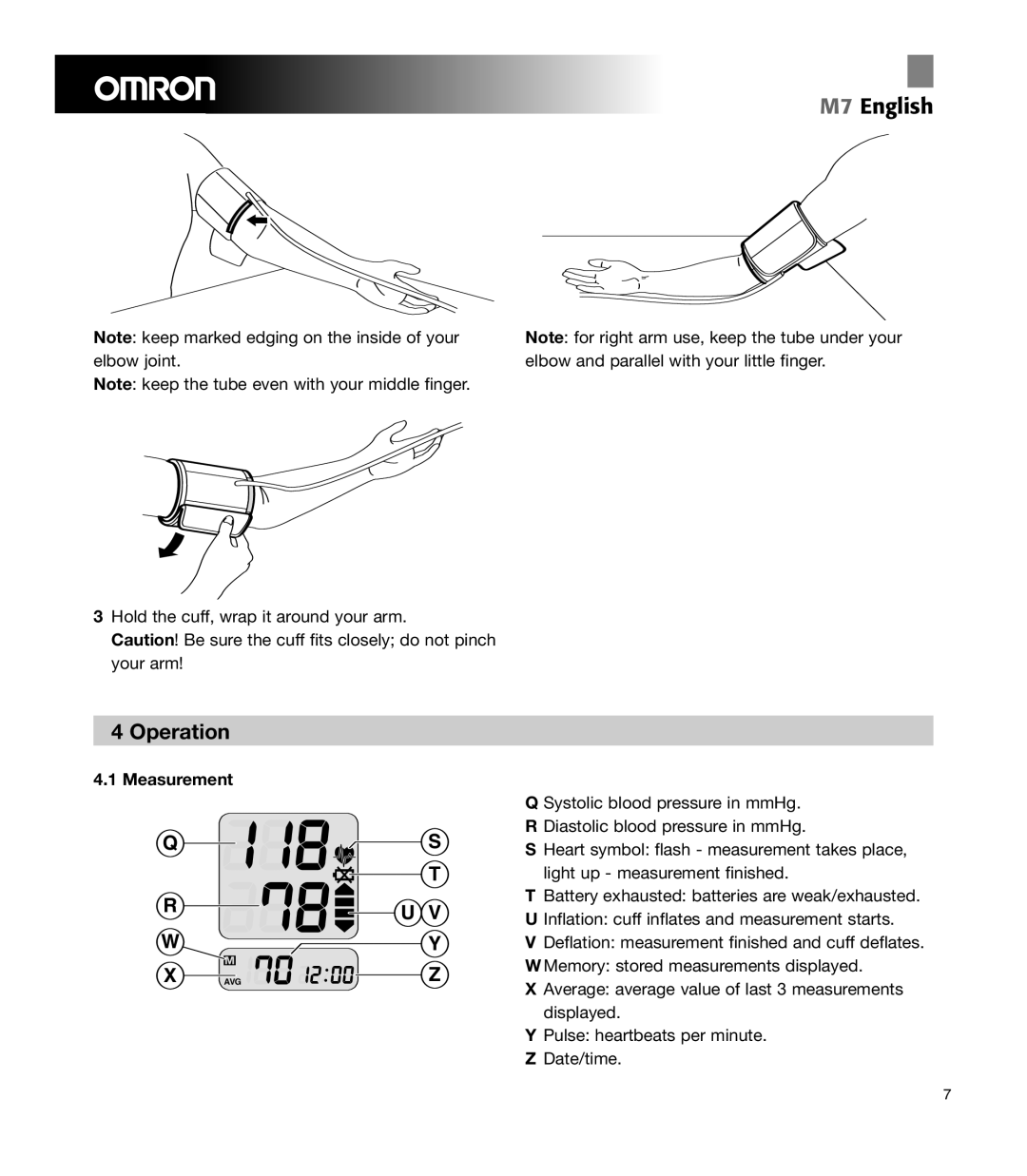 Omron Healthcare M7 manual Operation, Measurement 