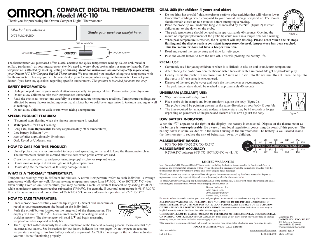 Omron Healthcare MC-110 manual Safety Information, Special Product Features, HOW to Care for this Product, Rectal USE 