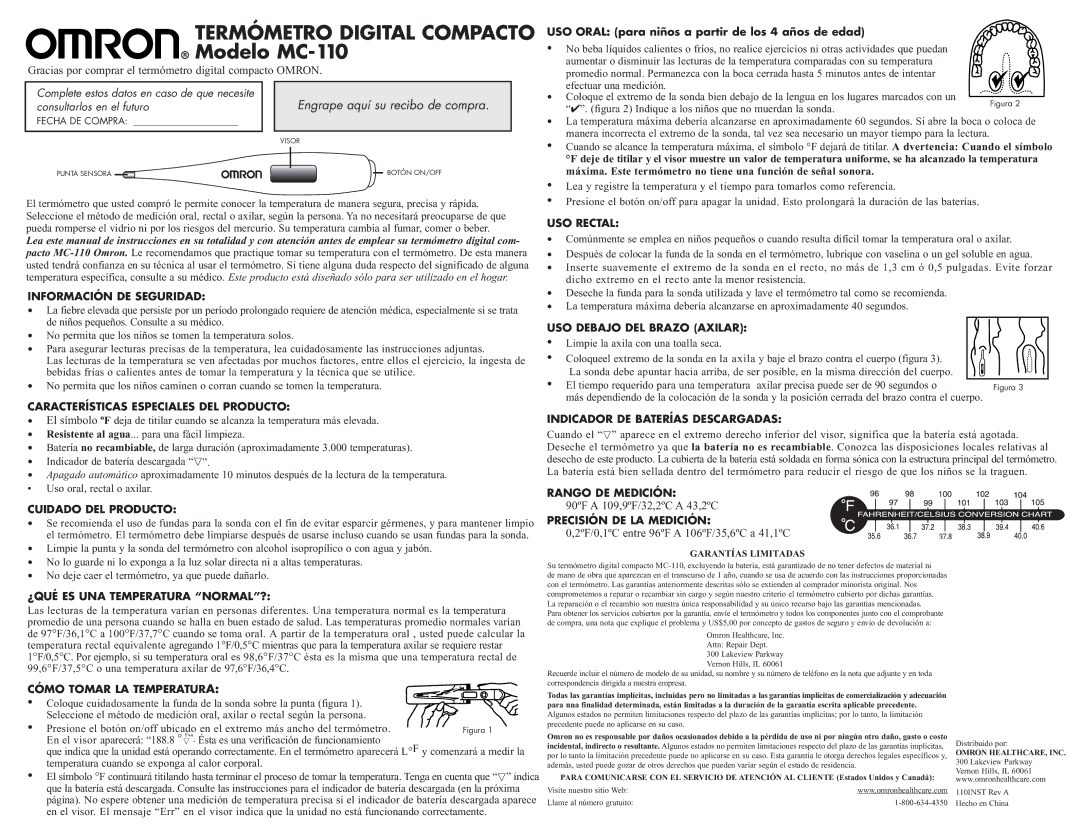 Omron Healthcare MC-110 Información DE Seguridad, Características Especiales DEL Producto, USO Rectal, Rango DE Medición 