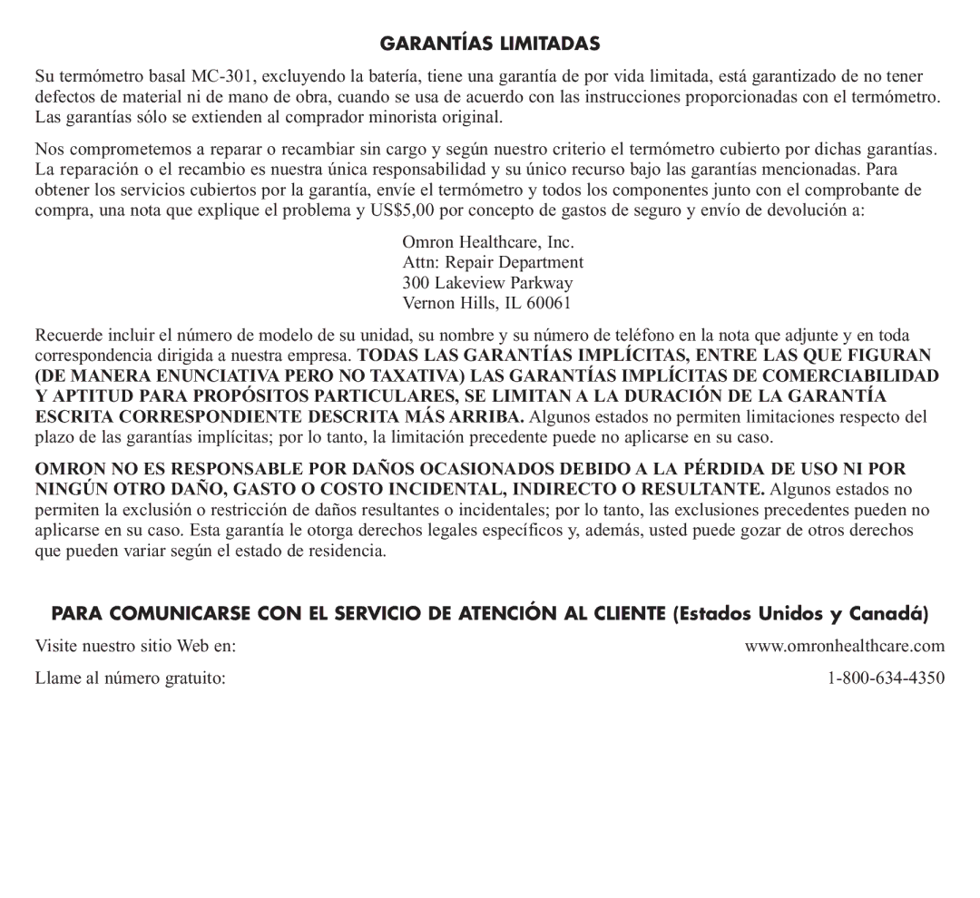 Omron Healthcare MC-301 manual Garantías Limitadas, Visite nuestro sitio Web en Llame al número gratuito 