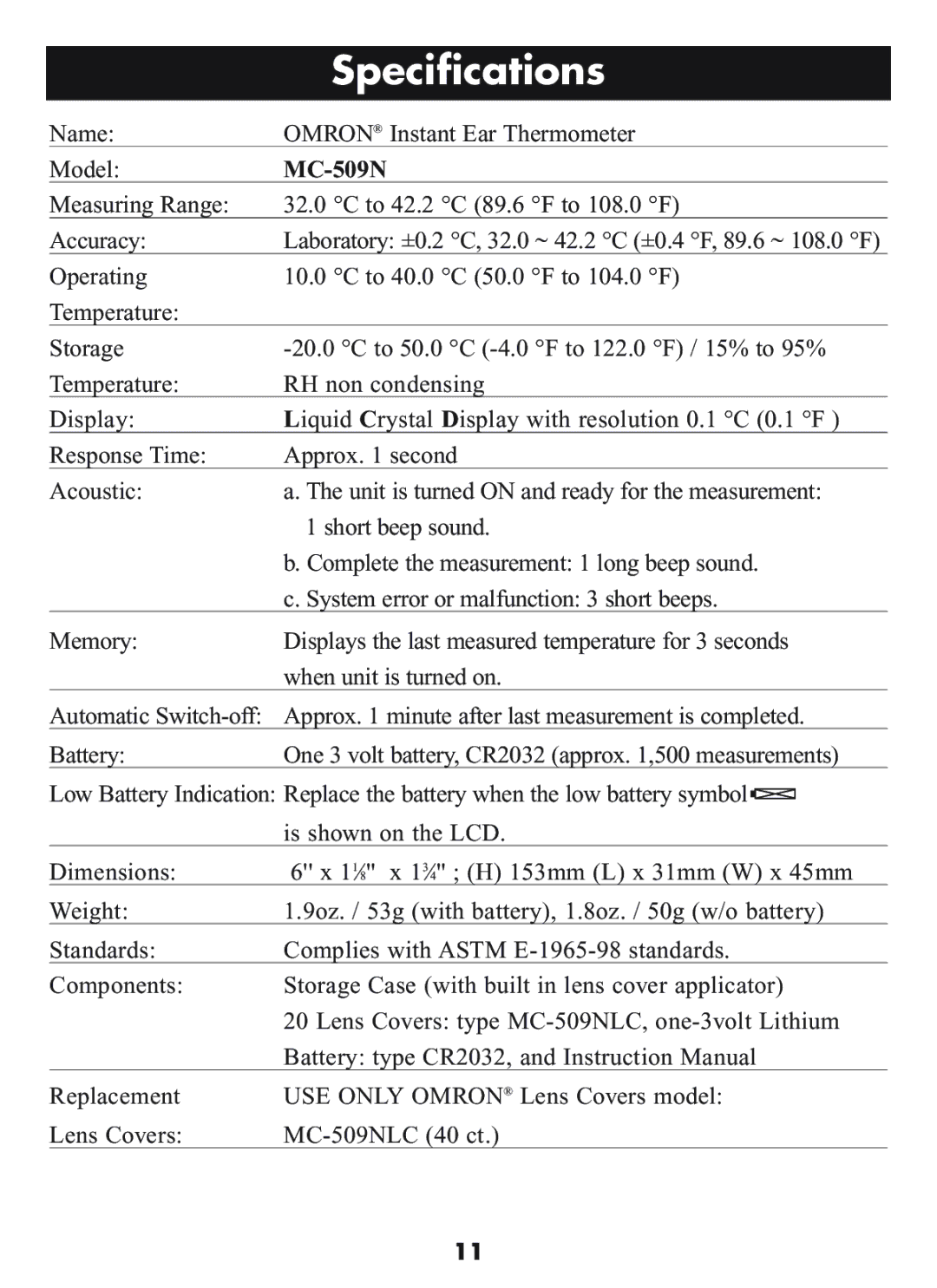 Omron Healthcare MC-509N manual Specifications 