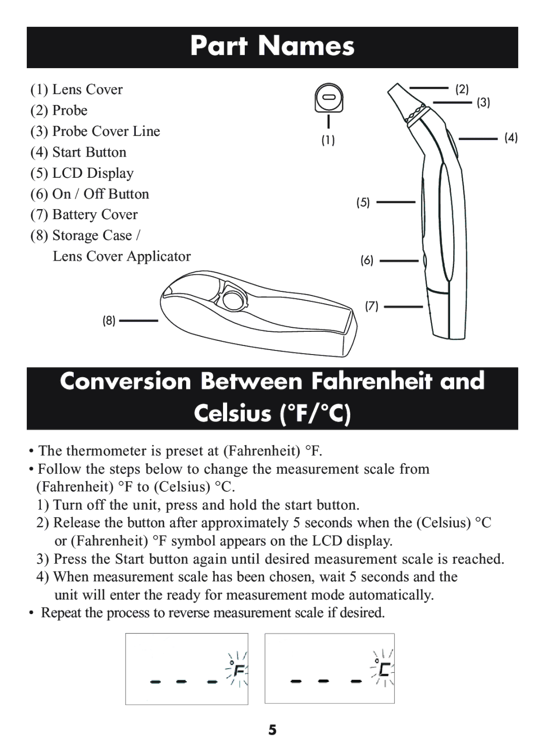 Omron Healthcare MC-509N manual Part Names, Conversion Between Fahrenheit Celsius F/C 