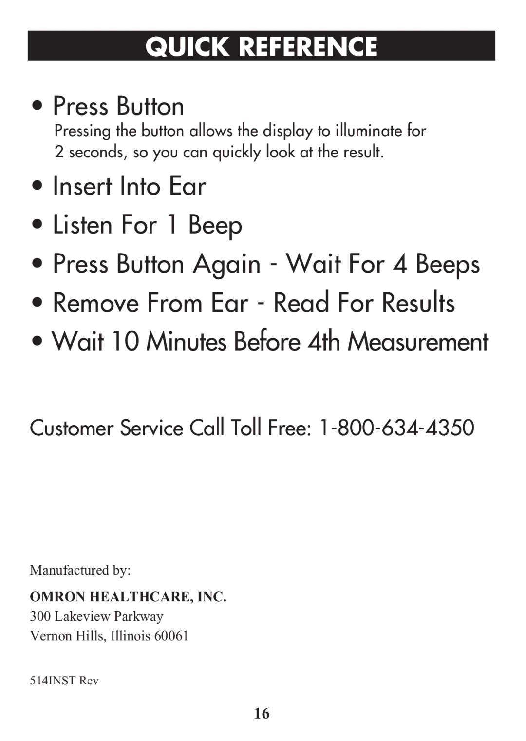 Omron Healthcare MC-514 manual Quicktitlereference, Press Button 