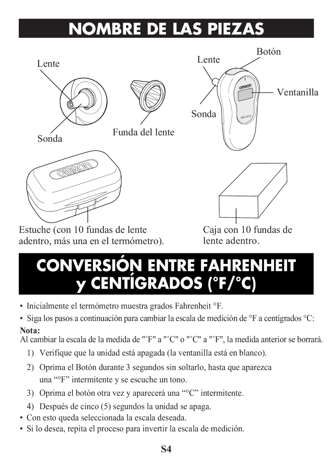 Omron Healthcare MC-514 manual Nombre Detitlelas Piezas, Conversión Entre Fahrenheit 