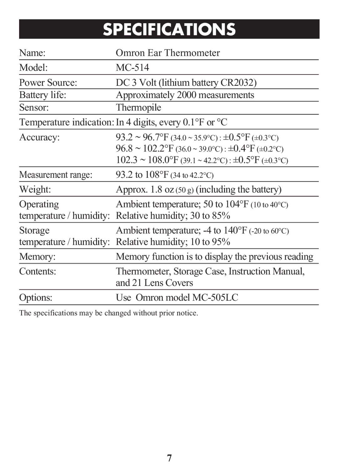 Omron Healthcare MC-514 manual Specificationstitle 