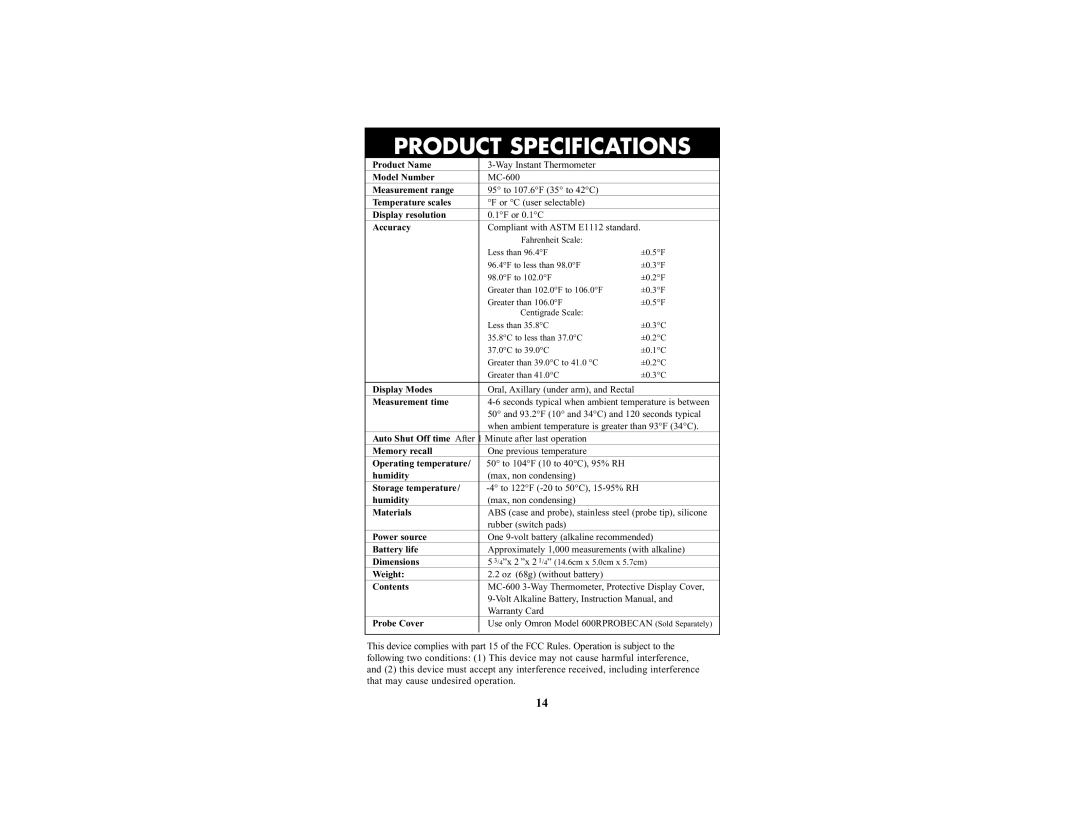 Omron Healthcare MC-600 manual Product Specifications, Accuracy 